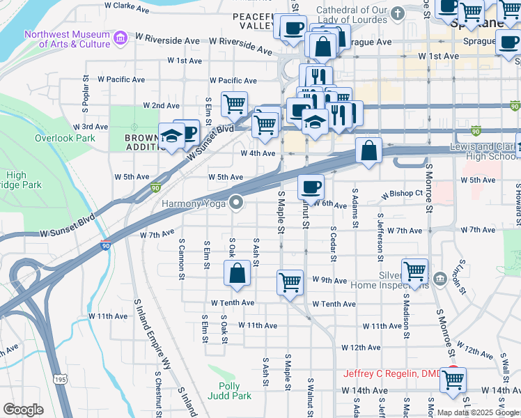 map of restaurants, bars, coffee shops, grocery stores, and more near 1612 West 6th Avenue in Spokane