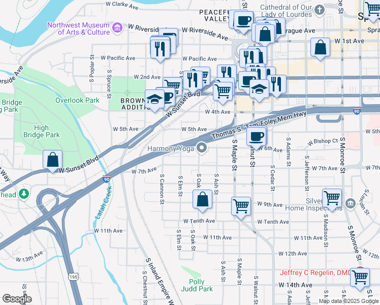 map of restaurants, bars, coffee shops, grocery stores, and more near 1807 West 6th Avenue in Spokane
