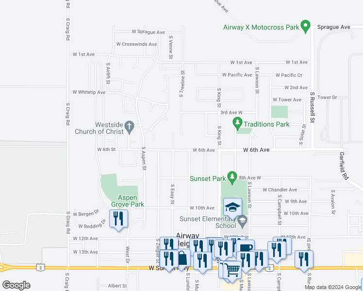 map of restaurants, bars, coffee shops, grocery stores, and more near 595 South Easy Street in Airway Heights