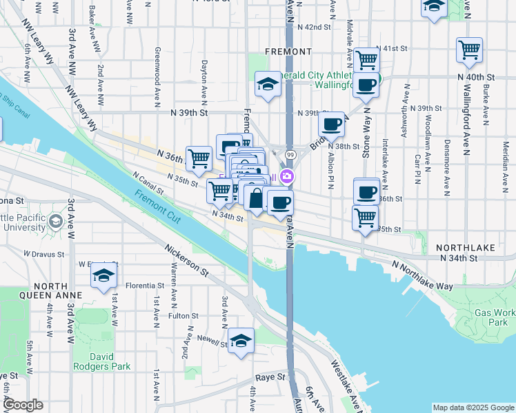 map of restaurants, bars, coffee shops, grocery stores, and more near 720 North 35th Street in Seattle
