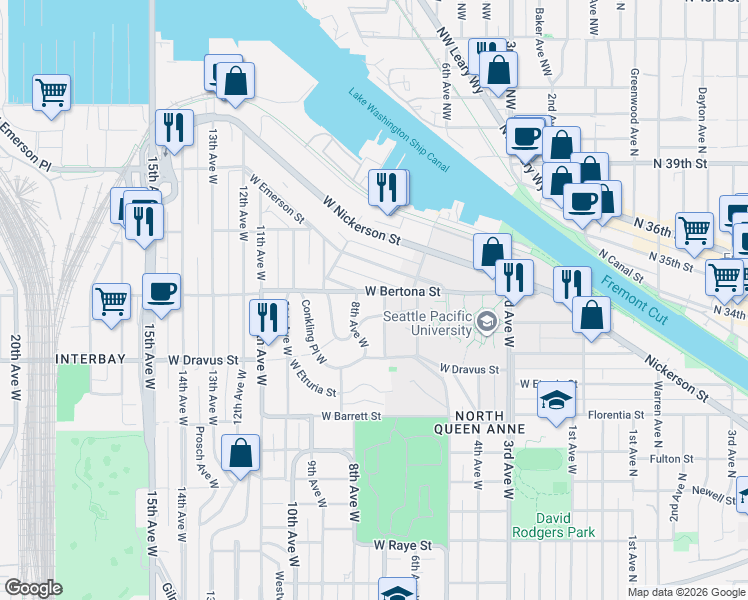 map of restaurants, bars, coffee shops, grocery stores, and more near 712 West Bertona Street in Seattle