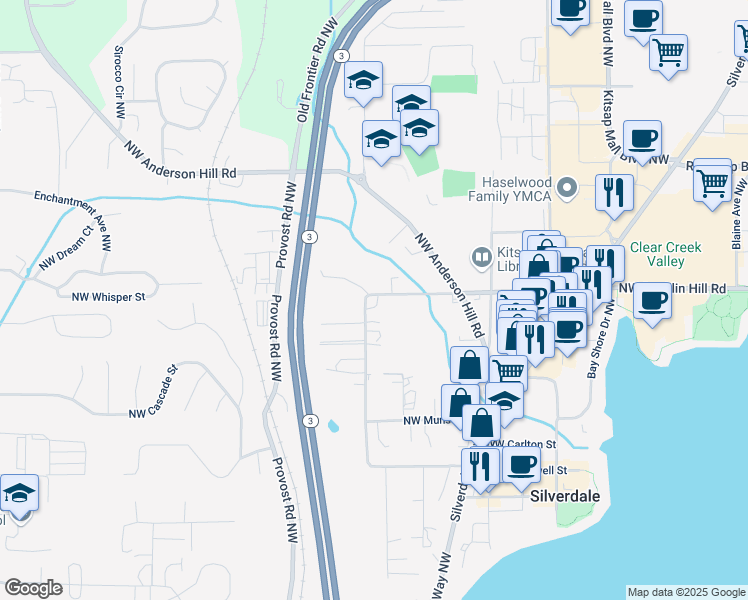 map of restaurants, bars, coffee shops, grocery stores, and more near 9557 Silverdale Loop Road Northwest in Silverdale