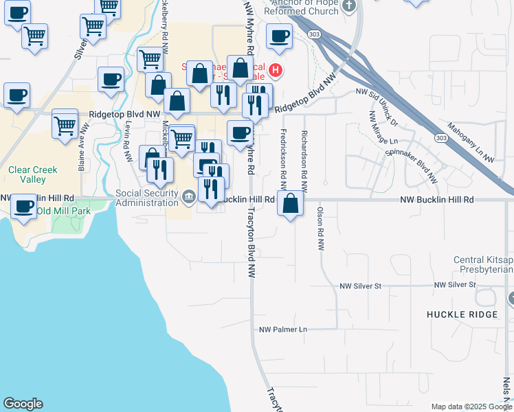 map of restaurants, bars, coffee shops, grocery stores, and more near 1959 Northwest Bucklin Hill Road in Bremerton