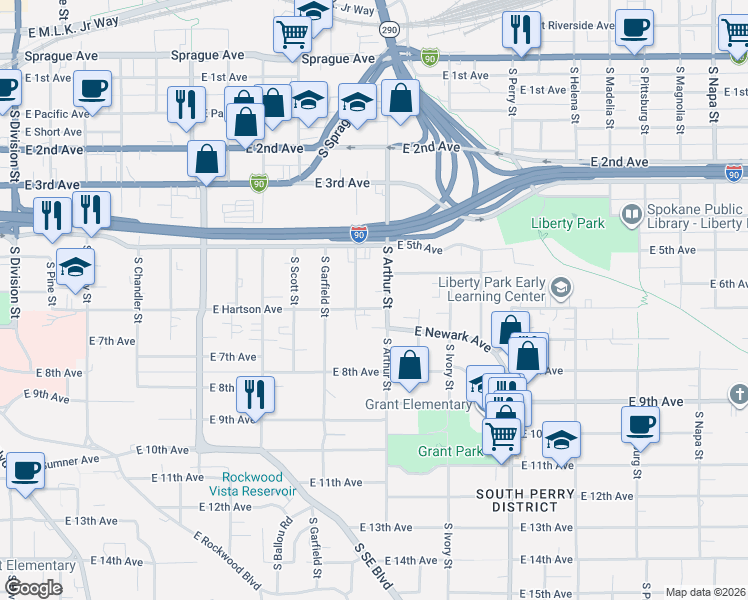 map of restaurants, bars, coffee shops, grocery stores, and more near 611 South Conklin Street in Spokane