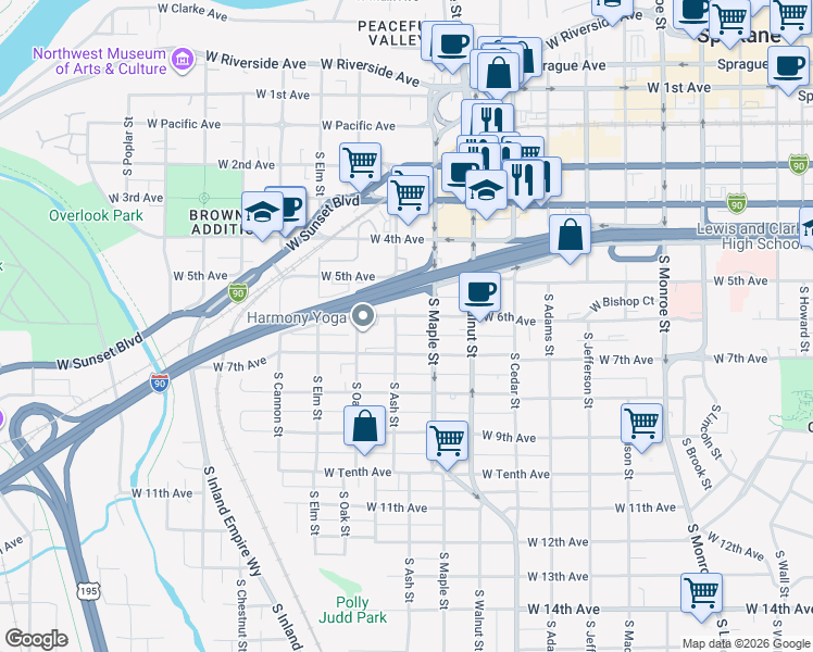 map of restaurants, bars, coffee shops, grocery stores, and more near 1621 West 6th Avenue in Spokane