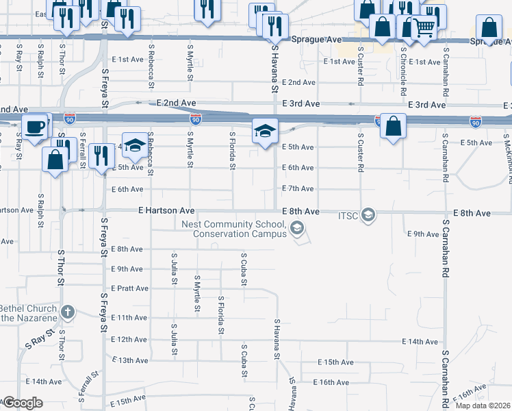 map of restaurants, bars, coffee shops, grocery stores, and more near 4203 East Hartson Avenue in Spokane