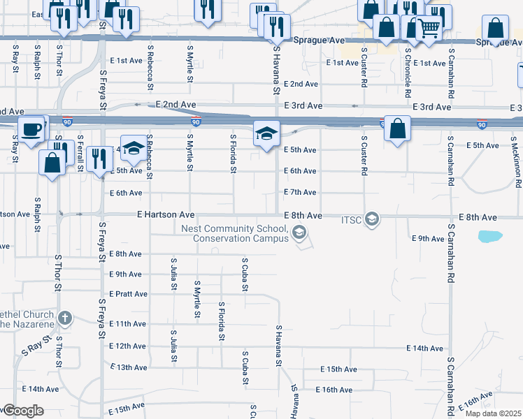 map of restaurants, bars, coffee shops, grocery stores, and more near 4203 East Hartson Avenue in Spokane