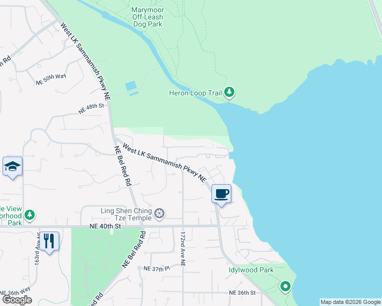 map of restaurants, bars, coffee shops, grocery stores, and more near 17208 Northeast 45th Street in Redmond