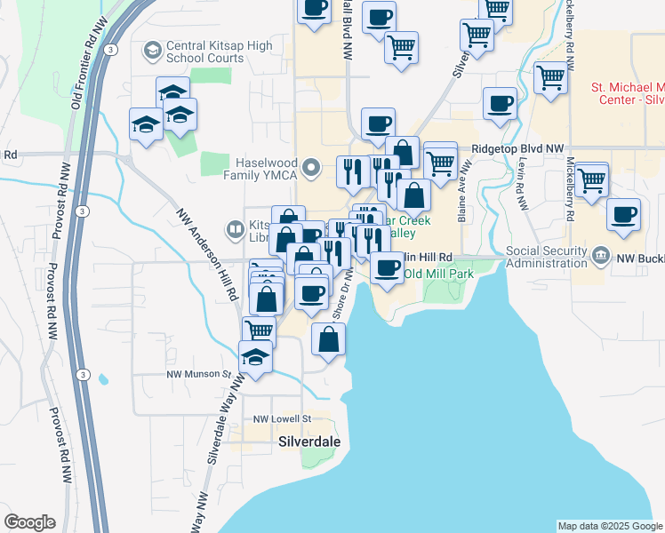 map of restaurants, bars, coffee shops, grocery stores, and more near 9564 Silverdale Way Northwest in Silverdale