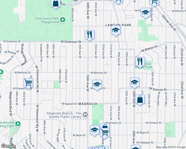 map of restaurants, bars, coffee shops, grocery stores, and more near 3309 West Bertona Street in Seattle