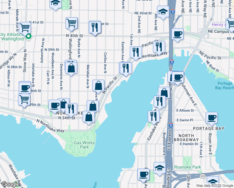 map of restaurants, bars, coffee shops, grocery stores, and more near 2401 North Northlake Way in Seattle