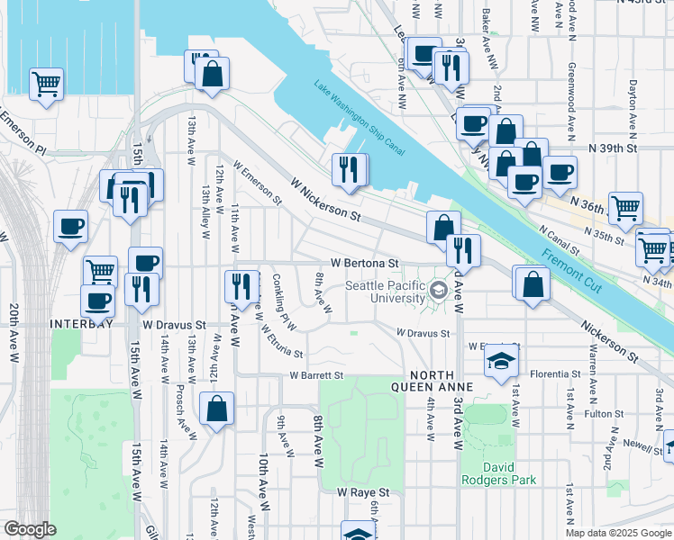 map of restaurants, bars, coffee shops, grocery stores, and more near 707 W Bertona St in Seattle