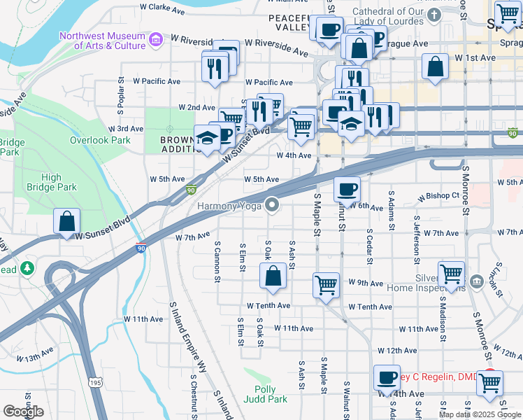map of restaurants, bars, coffee shops, grocery stores, and more near 1807 West 6th Avenue in Spokane