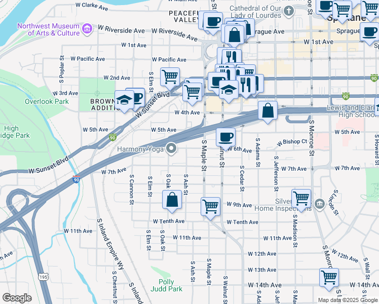 map of restaurants, bars, coffee shops, grocery stores, and more near 1631 West 6th Avenue in Spokane