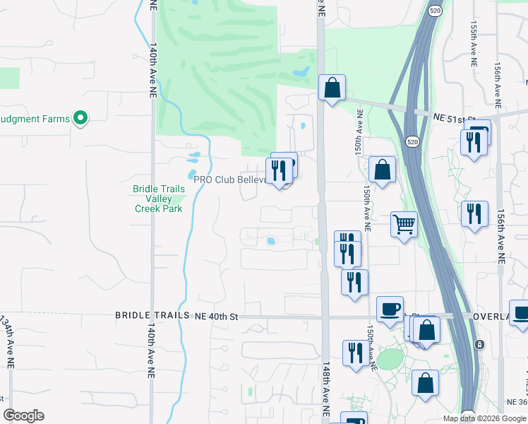 map of restaurants, bars, coffee shops, grocery stores, and more near 4416 145th Avenue Northeast in Bellevue