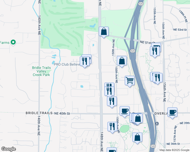 map of restaurants, bars, coffee shops, grocery stores, and more near 14636 Northeast 45th Street in Bellevue