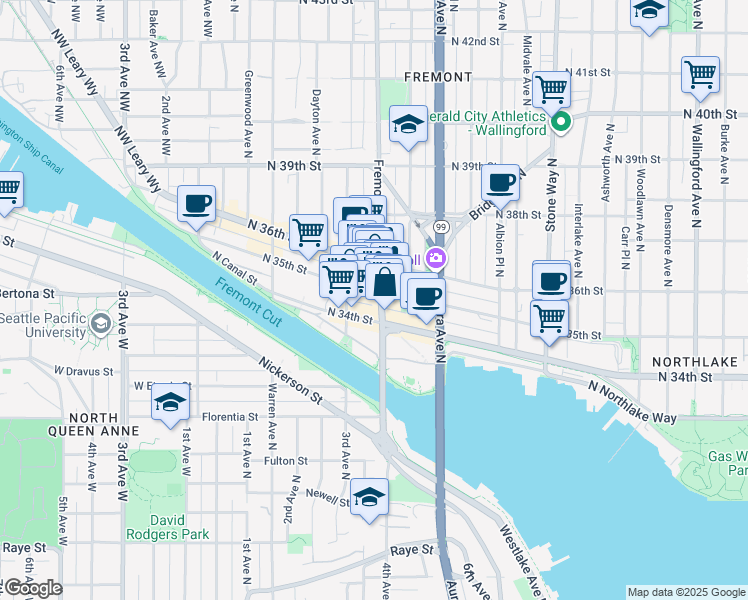 map of restaurants, bars, coffee shops, grocery stores, and more near 3419 Fremont Avenue North in Seattle