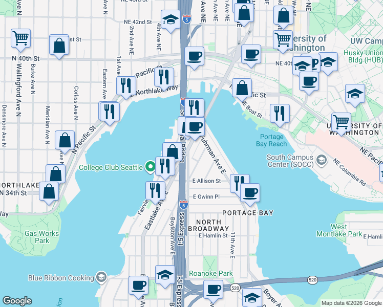 map of restaurants, bars, coffee shops, grocery stores, and more near 3218 Eastlake Avenue East in Seattle