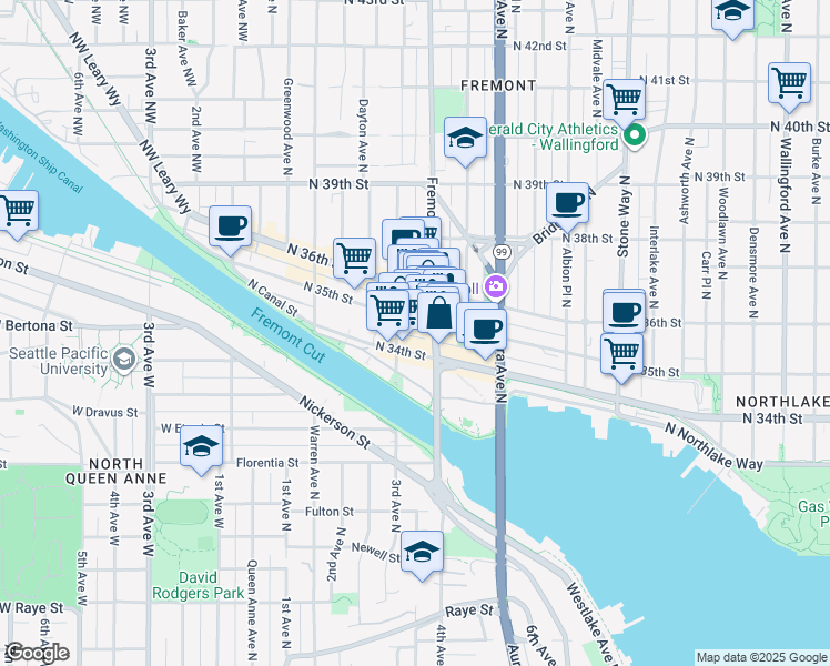 map of restaurants, bars, coffee shops, grocery stores, and more near 3419 Fremont Avenue North in Seattle