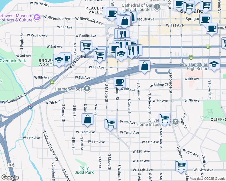 map of restaurants, bars, coffee shops, grocery stores, and more near 1518 West 6th Avenue in Spokane