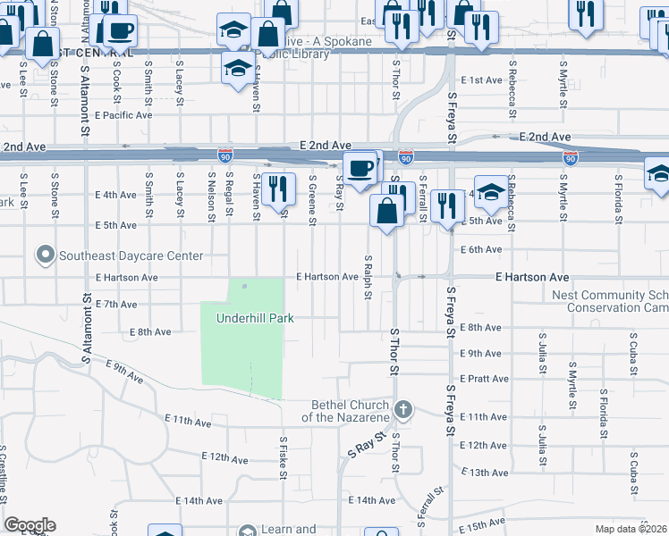 map of restaurants, bars, coffee shops, grocery stores, and more near 606 South Ray Street in Spokane