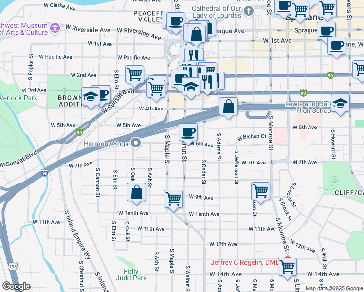 map of restaurants, bars, coffee shops, grocery stores, and more near 1518 West 6th Avenue in Spokane