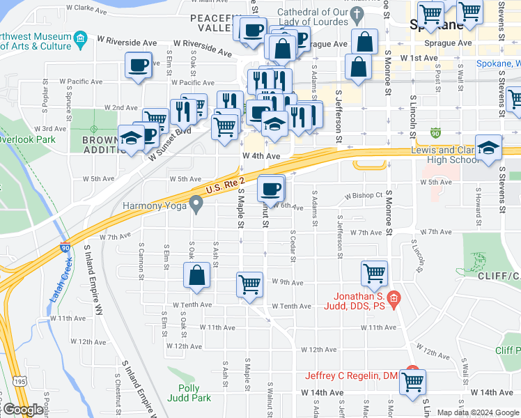 map of restaurants, bars, coffee shops, grocery stores, and more near 1518 West 6th Avenue in Spokane