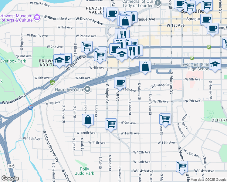 map of restaurants, bars, coffee shops, grocery stores, and more near 1518 West 6th Avenue in Spokane