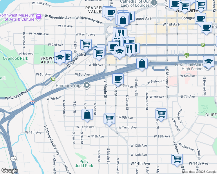 map of restaurants, bars, coffee shops, grocery stores, and more near 1518 West 6th Avenue in Spokane