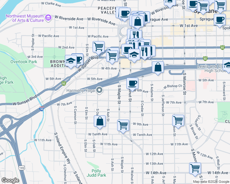 map of restaurants, bars, coffee shops, grocery stores, and more near 1612 West 6th Avenue in Spokane