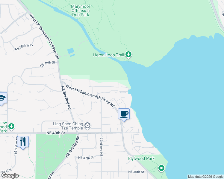 map of restaurants, bars, coffee shops, grocery stores, and more near 17306 Northeast 45th Street in Redmond