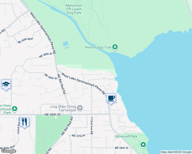 map of restaurants, bars, coffee shops, grocery stores, and more near 17252 Northeast 46th Court in Redmond