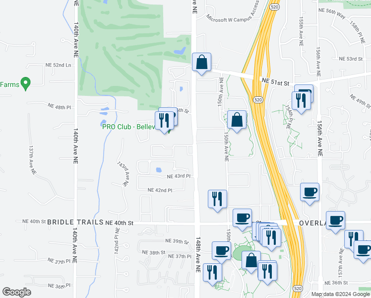 map of restaurants, bars, coffee shops, grocery stores, and more near 14636 Northeast 45th Street in Bellevue