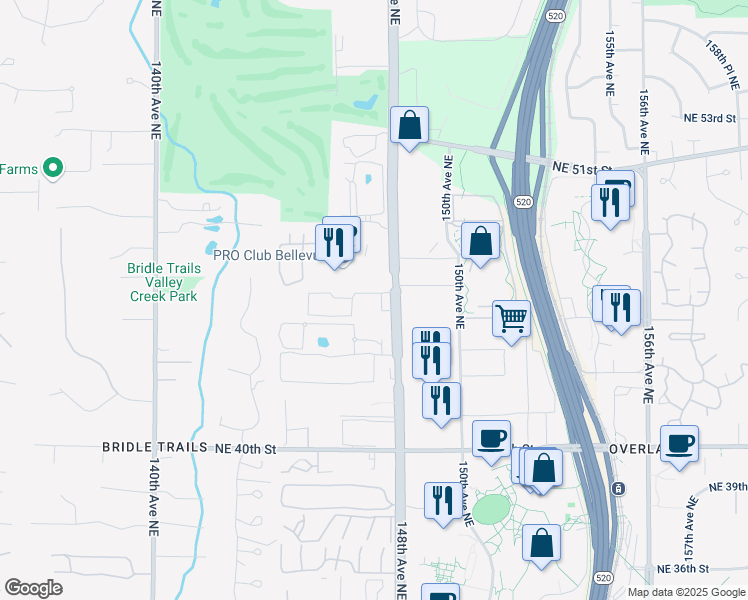 map of restaurants, bars, coffee shops, grocery stores, and more near 14636 Northeast 45th Street in Bellevue