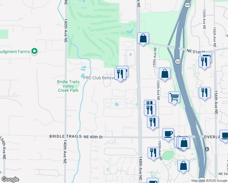 map of restaurants, bars, coffee shops, grocery stores, and more near 4416 145th Avenue Northeast in Bellevue