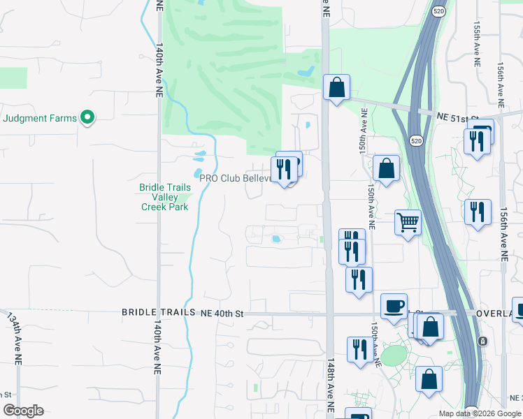 map of restaurants, bars, coffee shops, grocery stores, and more near 4416 145th Avenue Northeast in Bellevue