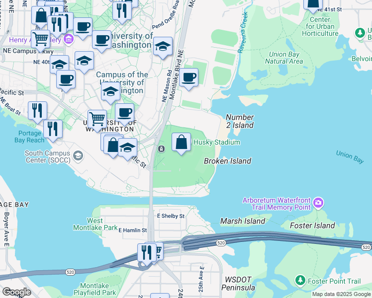 map of restaurants, bars, coffee shops, grocery stores, and more near 3800 Montlake Boulevard Northeast in Seattle