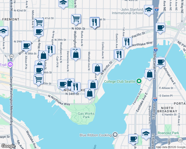 map of restaurants, bars, coffee shops, grocery stores, and more near 3602 Bagley Avenue North in Seattle