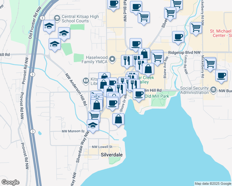 map of restaurants, bars, coffee shops, grocery stores, and more near 9564 Silverdale Way Northwest in Silverdale
