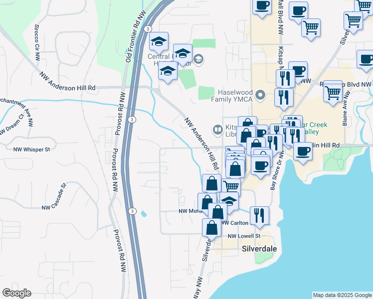 map of restaurants, bars, coffee shops, grocery stores, and more near 9588 Silverdale Loop Road Northwest in Silverdale