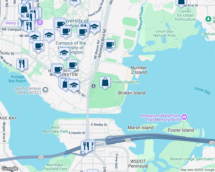 map of restaurants, bars, coffee shops, grocery stores, and more near 3800 Montlake Boulevard Northeast in Seattle