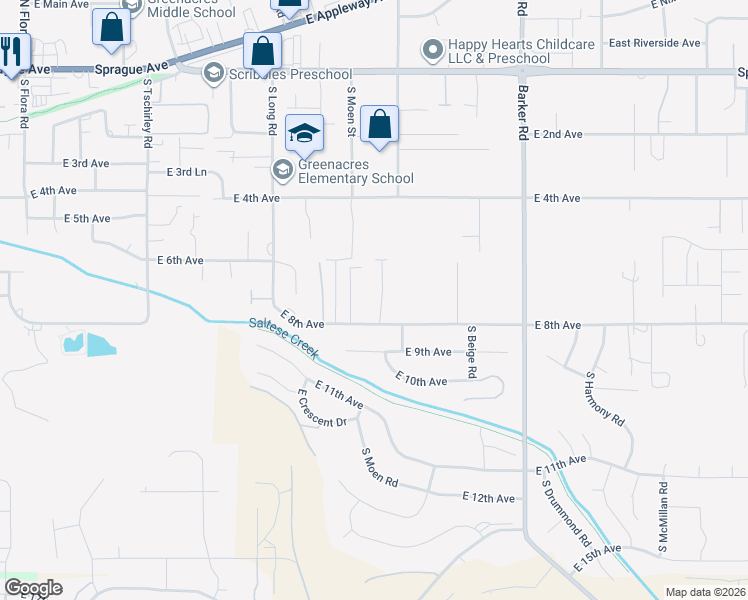 map of restaurants, bars, coffee shops, grocery stores, and more near 706 Moen in Spokane Valley