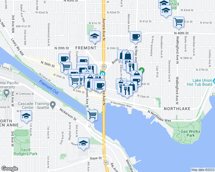 map of restaurants, bars, coffee shops, grocery stores, and more near 906 North 35th Street in Seattle