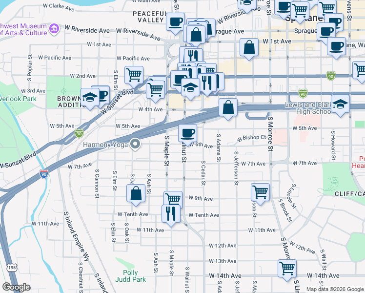 map of restaurants, bars, coffee shops, grocery stores, and more near 602 South Walnut Street in Spokane