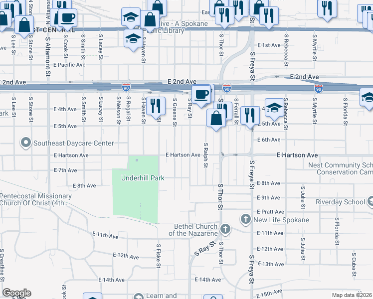 map of restaurants, bars, coffee shops, grocery stores, and more near 606 South Ray Street in Spokane