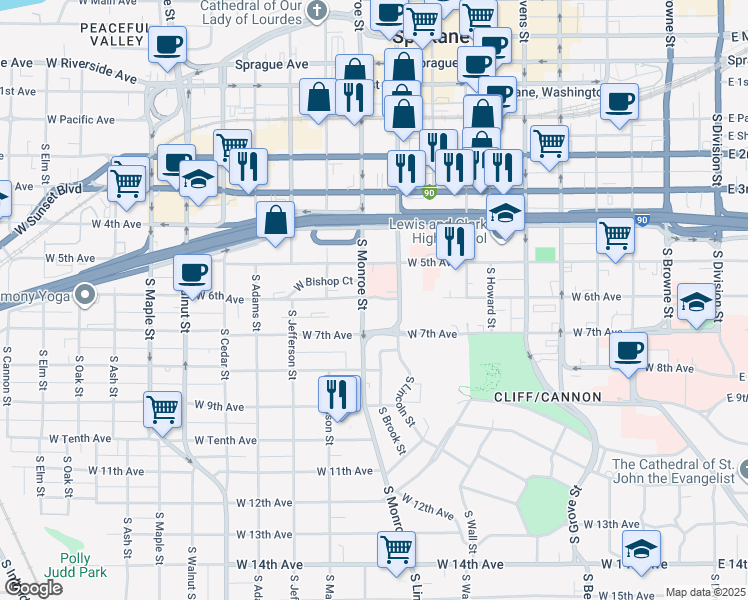 map of restaurants, bars, coffee shops, grocery stores, and more near 927 West 6th Avenue in Spokane