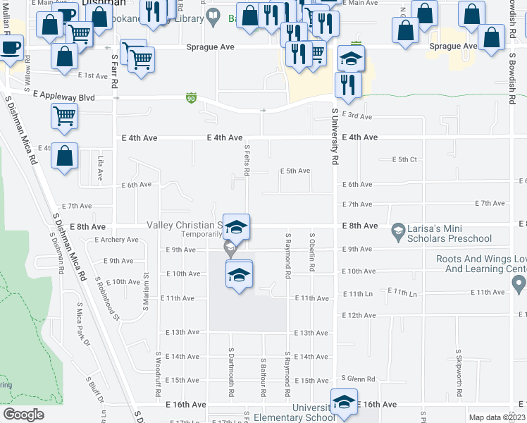 map of restaurants, bars, coffee shops, grocery stores, and more near 705 South Felts Road in Spokane Valley