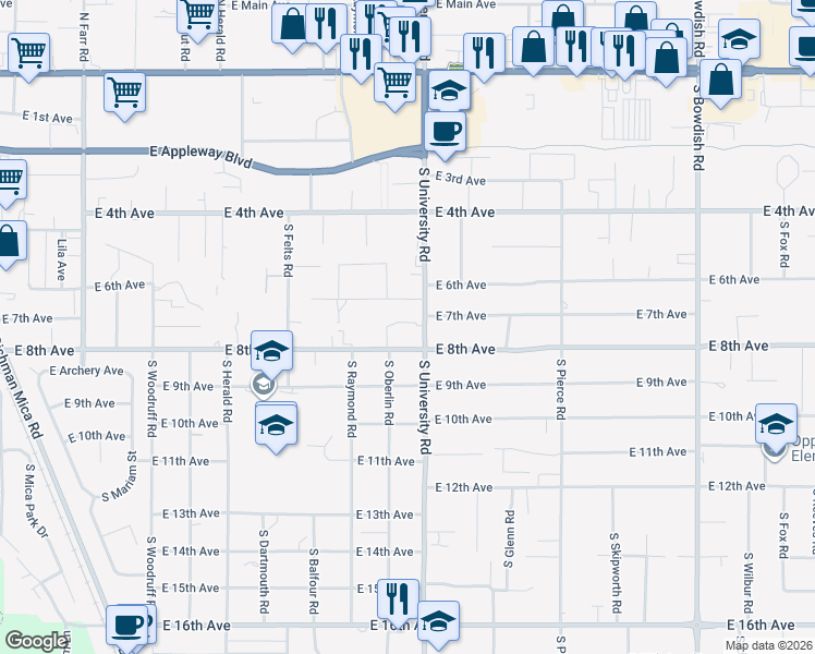 map of restaurants, bars, coffee shops, grocery stores, and more near 720 South University Road in Spokane Valley