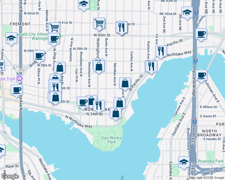 map of restaurants, bars, coffee shops, grocery stores, and more near 3541 Meridian Avenue North in Seattle