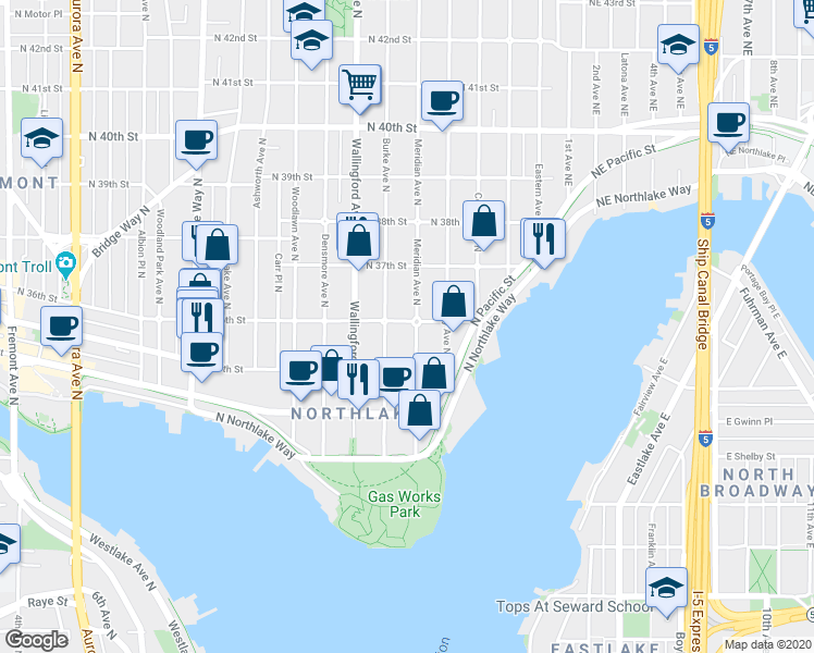 map of restaurants, bars, coffee shops, grocery stores, and more near 3539 Meridian Avenue North in Seattle